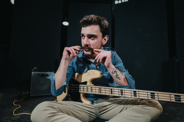 A stylish musician holding a bass guitar in a creative studio setting, expressing a casual and...