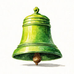 A single watercolor bright school bell emblem with green hues