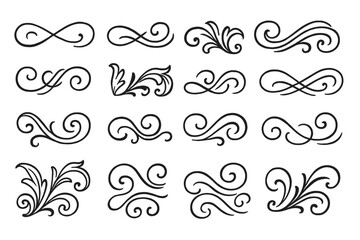 Elegant decorative flourishes and swirls in various designs for artistic embellishments and crafts