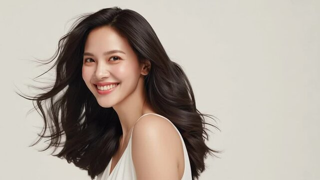 Beauty asian brunette girl with long and shiny wavy hair . Beautiful woman model with curly hairstyle shine and volume in white dress in shiny white background, hair care products and luxury salons.