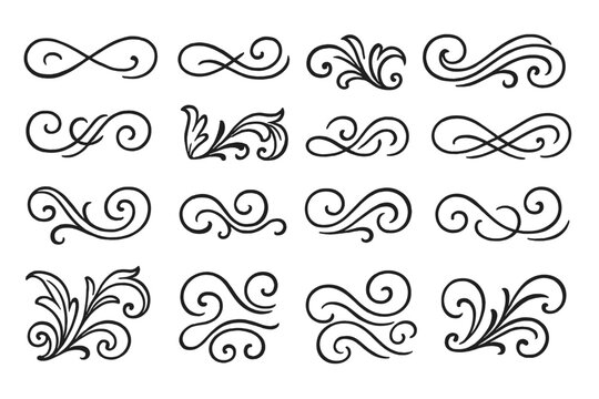 Elegant decorative flourishes and swirls in various designs for artistic embellishments and crafts