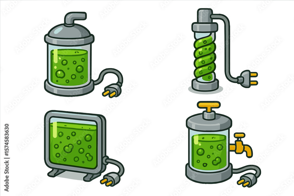 Poster display of colorful laboratory equipment with green liquid in containers and tubes at a science lab