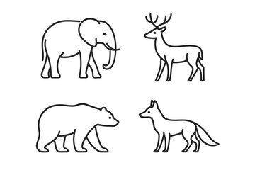 Four different animal illustrations depicting an elephant, deer, bear, and fox in a simple, stylized design suitable for graphic applications