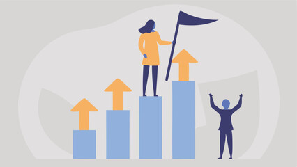 Woman holding flag on top of a bar chart with upward arrows and a celebrating person below it