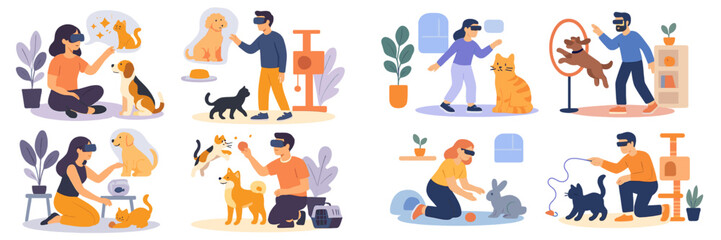 Pet care activities in a modern setting showcasing dogs, cats, and rabbits with people engaged in interactive play and training sessions