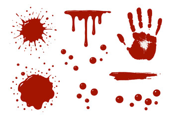 Red paint splatters and handprints create a vivid abstract composition on a white background