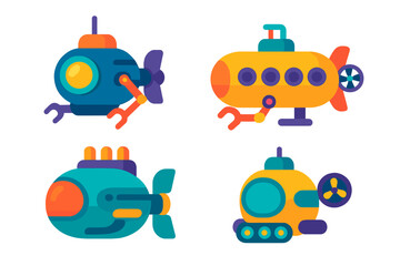 Colorful submarines in various designs exploring underwater adventures for kids