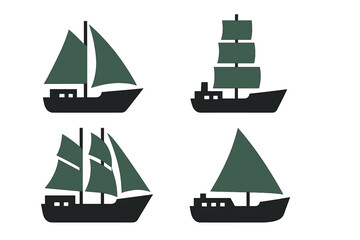 Various sailing ships depicted in a simple graphic design showcasing different styles of vessels on a white background