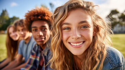 Fototapeta premium A group of diverse teenagers smiles at the camera, enjoying a sunny day outside. One girl's face is highlighted.