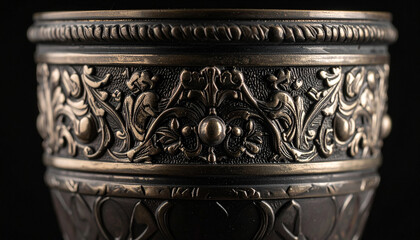 Vintage cup iron with intricate details. Antique goblet isolated on black backdrop.