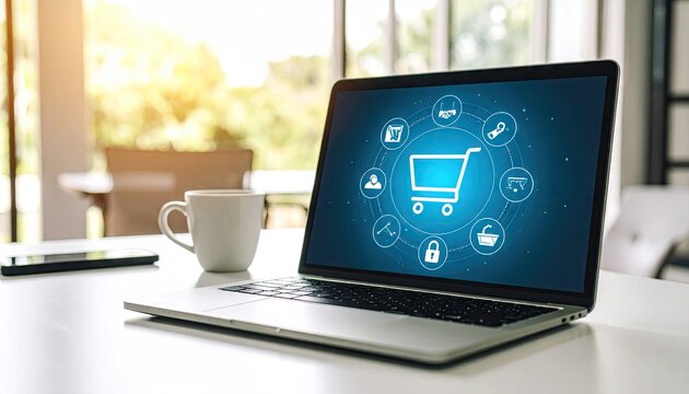 Laptop screen with shopping cart icons - Powered by Adobe