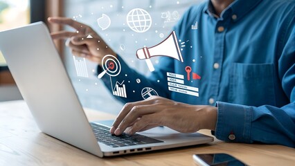 Digital marketing technology online concept. SEO, Advertising, Ecommerce, business online marketing, direct sale, digital marketing strategies and goals.