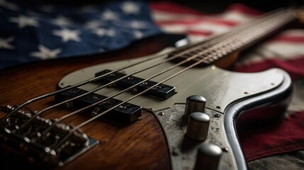 Fototapeta premium Flag Guitar. Vintage Bass Guitar Body on American Flag Background. Patriotic Music Concept