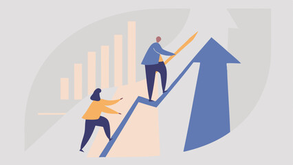 People climbing up an arrow with graph bars in the background representing business growth and success
