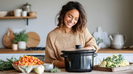 A smiling woman in a kitchen prepares a meal using a slow cooker, surrounded by fresh vegetables.