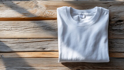 neatly folded white cotton singlet laid flat on a rustic wooden table, soft natural light highlighting fabric texture, minimal shadows, casual and clean aesthetic.