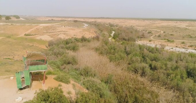 Aerial view of observatory looking at a dry stream, HaBesor, Israel.
