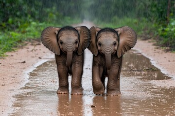 Two Baby Elephants in Rainforest Downpour