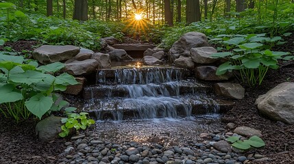 Cascading water feature within a natural landscape.