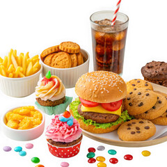 A delicious assortment of fast food and sweets isolated on transparent background