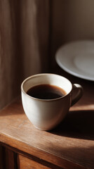 Warm cup of coffee sits on wooden table in soft morning light
