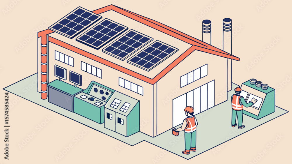 Poster factory with solar panels and workers operating control panels isolated on white background