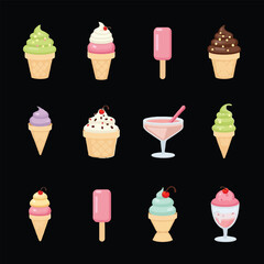 Set of Cute Ice Cream Illustrations with Waffle Cones Swirls Toppings and Frozen Treats in Bright Colors