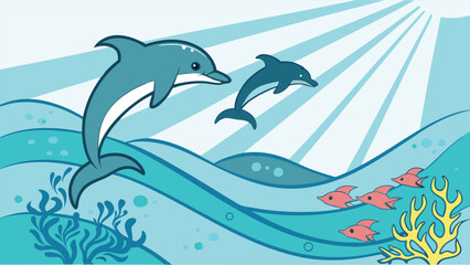 Fototapeta premium Two dolphins jumping in the ocean with fish and seaweed under bright sun rays in the sky above waves