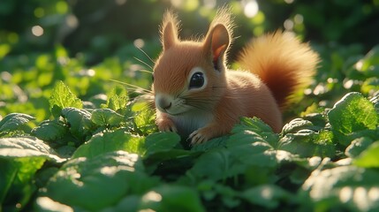Fototapeta premium A cute squirrel nestled amidst lush greenery.