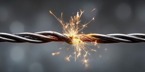 Gros plan d'un cable &eacute;lectrique ab&icirc;m&eacute; qui produit des &eacute;tincelles de courant - Repr&eacute;sentation d'un court-circuit