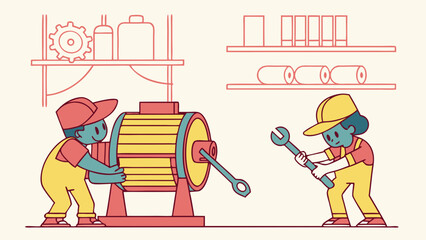 Two cartoon characters working on a machine isolated on white background