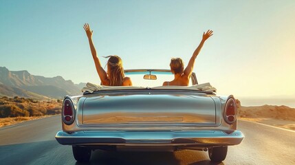Two women in a classic convertible with arms raised, enjoying a road trip on a sunny day with scenic views.