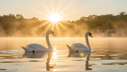 Fototapeta premium Two swans swimming gracefully on misty lake during sunrise 