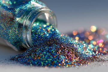 Petit pot rempli de paillettes bleues et roses renvers&eacute; sur la table - Gros plan - Maquillage - Loisirs manuels et cr&eacute;ations