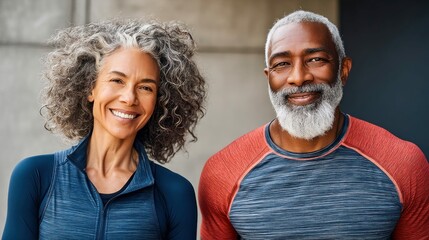 A smiling older couple stands together, looking healthy and happy. They appear to be enjoying a day out, possibly after exercising.