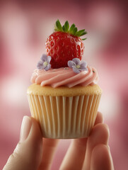 Gros plan d'une main tenant un cupcake avec une cr&egrave;me &agrave; la fraise, une fraise et des fleurs en sucre