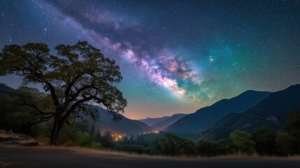 The Milky Way shines brightly in the night sky above a peaceful valley surrounded by trees and mountains