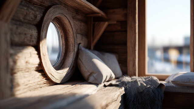 a cozy rustic cabin interior with a small round porthole window framed by wooden beams, soft morning light filtering through, warm textures of wood and fabric.