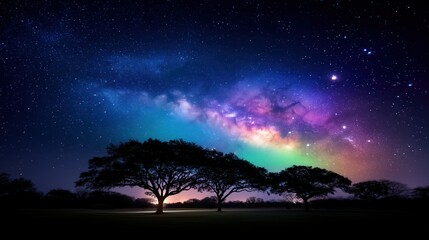 A vibrant Milky Way in rainbow colors lights up the night sky above silhouetted trees and a peaceful field