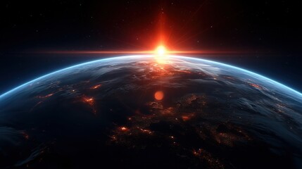 A vibrant sunrise casts red-orange light across Earth's surface, revealing glowing cities beneath the planet's curved horizon