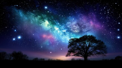 A vibrant starry sky with the Milky Way in blue and purple hues, framed by a tree silhouette at twilight