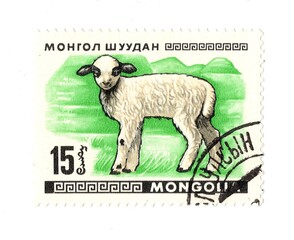 A vintage postage stamp from Mongolia isolated on a white background.