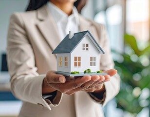 Businesswoman holding a miniature house