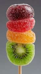 Brochette de morceaux de fruits enrob&eacute;s de sucre en poudre - Kiwi, p&ecirc;che, mangue, cerise