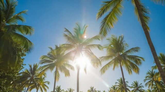 Bright sun shining through tropical coconut tree silhouettes. Blue sky with golden sunlight creates a relaxing tropical vibe.