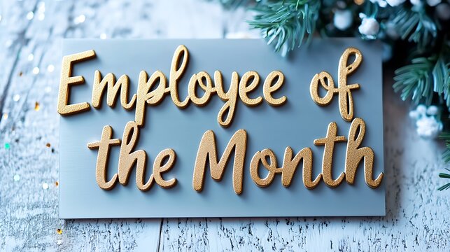 Gold lettering on a light gray sign that reads "Employee of the Month".