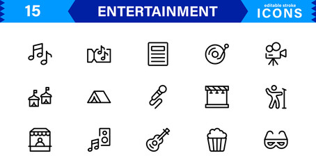 Entertainment Vector Icons for Media, Music, Games, and Events in Line Art Style