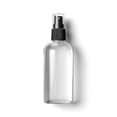 blank mockup of travel-sized spray bottle with transparent liquid and soft shadow