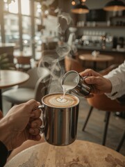 Pouring milk into a steaming cup of coffee with latte art in a cafe setting with blurred background view