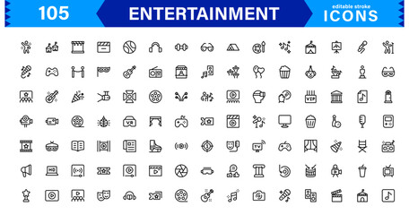 Entertainment Vector Icons for Media, Music, Games, and Events in Line Art Style
